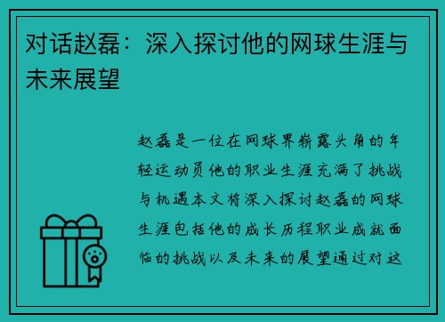 对话赵磊：深入探讨他的网球生涯与未来展望
